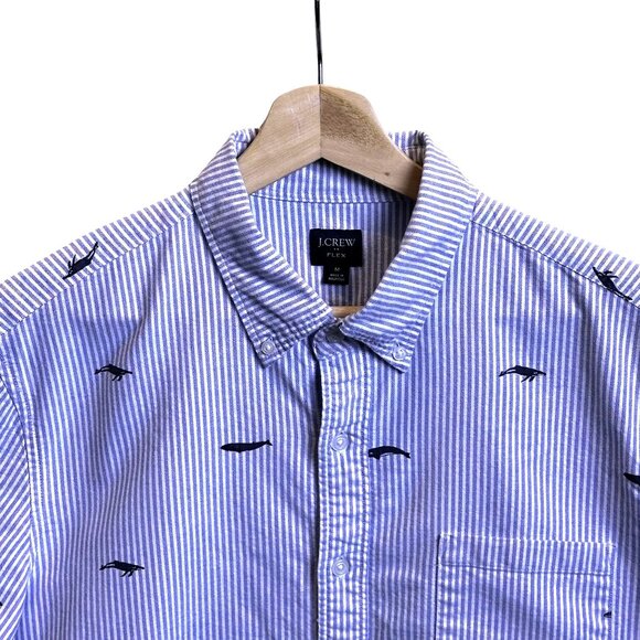 J Crew  Short Sleeve Blue‎ Striped Whale Embroidered Button Down Shirt Size Med - Picture 4 of 14
